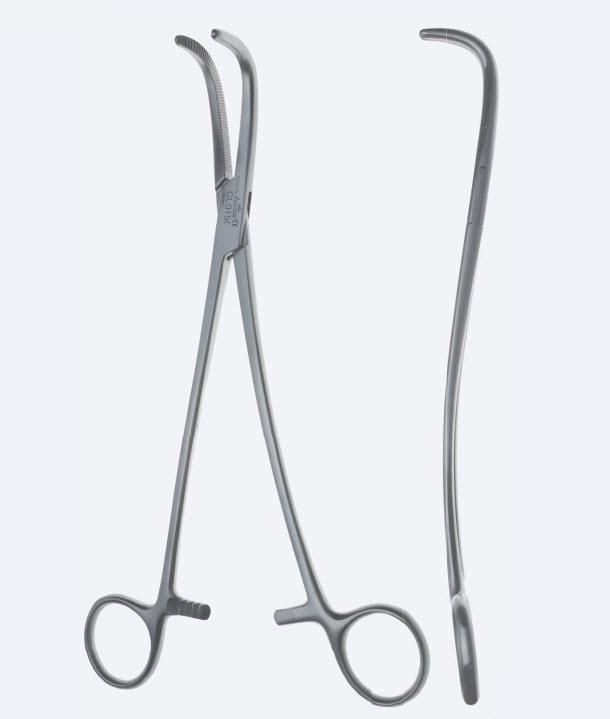 Зажими дисекційні та лігатурні, "Gray", S-вигнуті, зубчасті щелепи, з кремальєрою, довжина 220 мм. Бренд - Asanus Medizintechnik Gmb, Німеччина